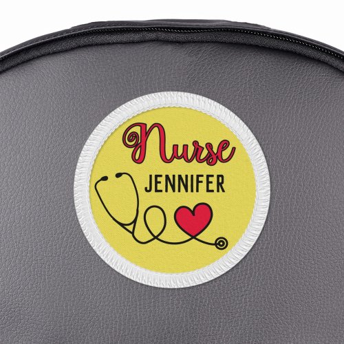 Nurse cute stethoscope w red heart  name yellow patch