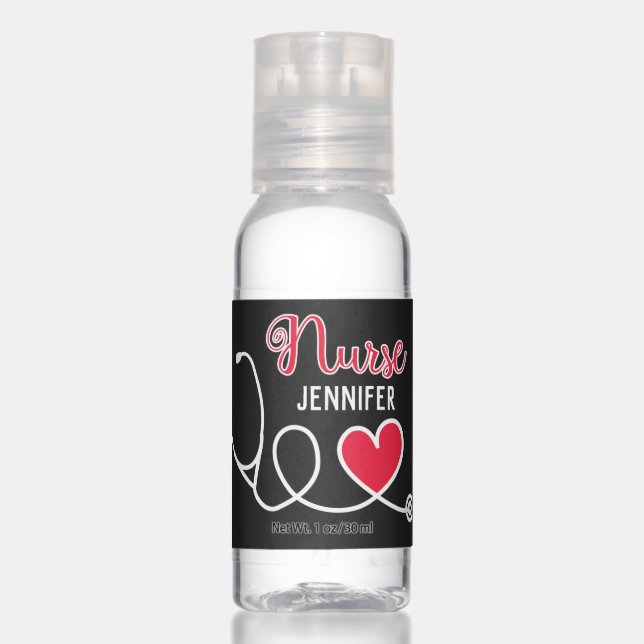 Nurse cute stethoscope with red heart & name Black Hand Sanitizer (Front)