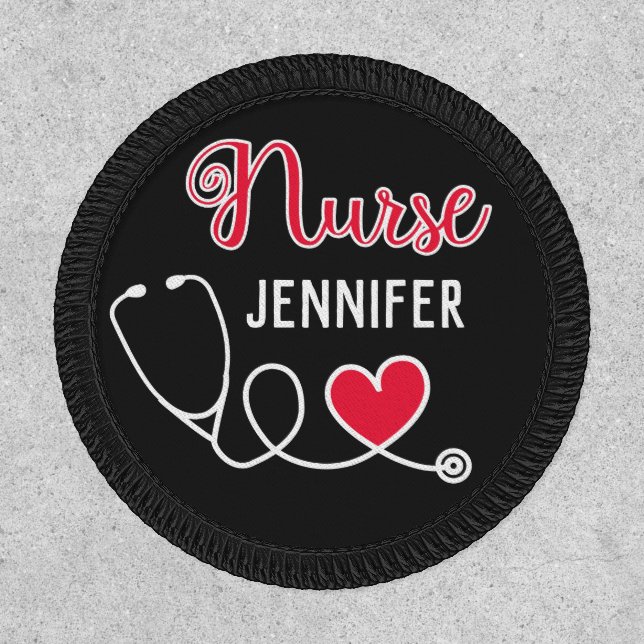 Nurse cute stethoscope with red heart & name black patch (Front)