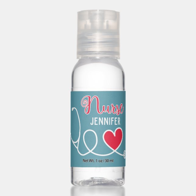 Nurse cute stethoscope with red heart & name blue hand sanitizer (Front)