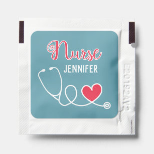 Nurse cute stethoscope with red heart & name blue hand sanitizer packet