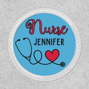 Nurse cute stethoscope with red heart & name blue patch