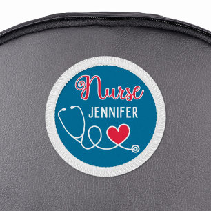 Nurse cute stethoscope with red heart & name blue patch