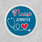 Nurse cute stethoscope with red heart & name blue patch (Front)