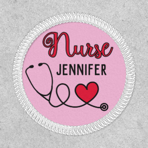 Nurse cute stethoscope with red heart & name pink patch