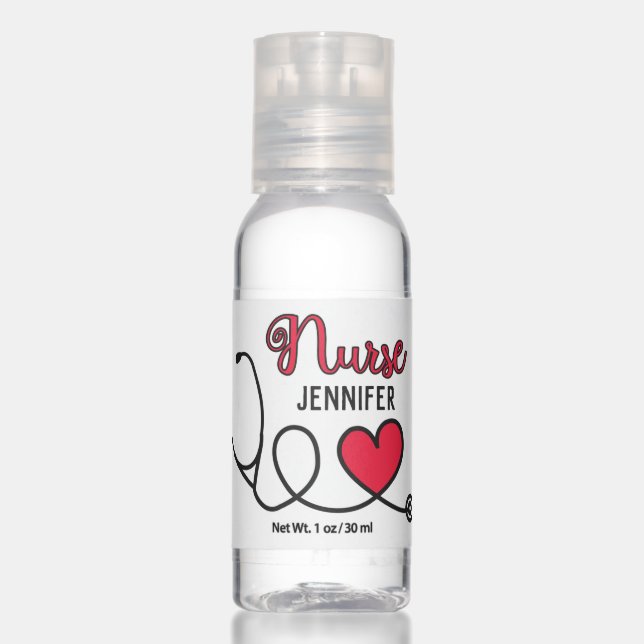 Nurse cute stethoscope with red heart & name White Hand Sanitizer (Front)