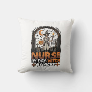 Nurse Day Witch Night Halloween Cemetery Pumpkin_1 Throw Pillow