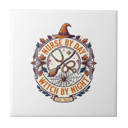 Nurse Day Witch Night Halloween Stethoscope Broom_ Ceramic Tile