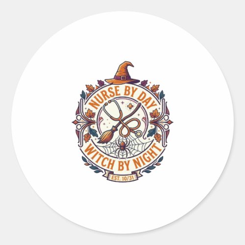 Nurse Day Witch Night Halloween Stethoscope Broom_ Classic Round Sticker