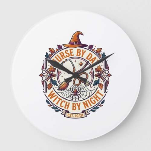 Nurse Day Witch Night Halloween Stethoscope Broom_ Large Clock
