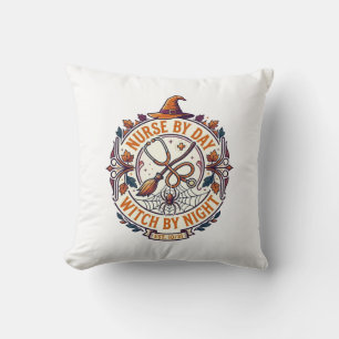 Nurse Day Witch Night Halloween Stethoscope Broom_ Throw Pillow