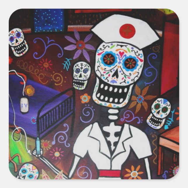 NURSE DIA DE LOS MUERTOS SQUARE STICKER (Front)