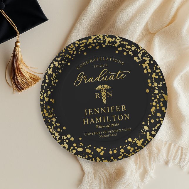 Nurse Doctor Graduation Elegant Gold Black Paper Plates (Creator Uploaded)