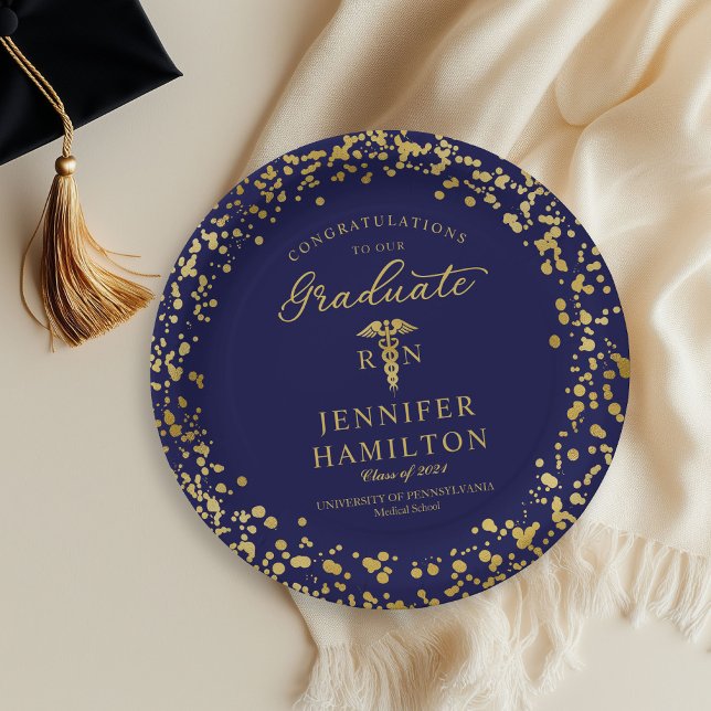 Nurse Doctor Graduation Elegant Gold Blue Paper Plates (Creator Uploaded)