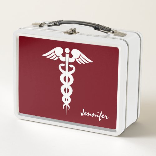 Nurse Doctor Medical Caduceus Dark Red White Metal Lunch Box