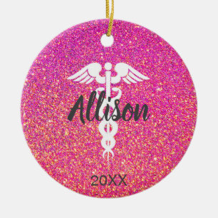 Nurse Doctor Medical Caduceus Pink Glitter Custom Ceramic Ornament