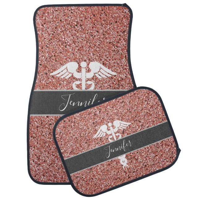 Nurse Doctor Medical Caduceus Pink Glitter Sparkle Car Floor Mat (Set)