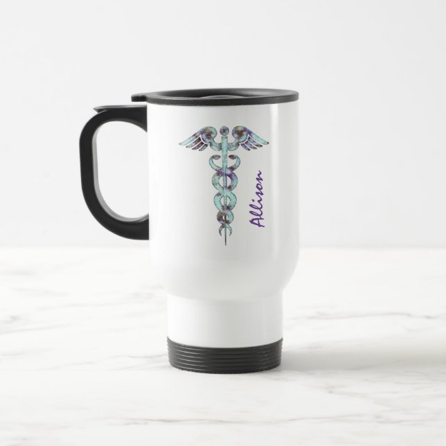 Nurse Doctor Medical Purple Caduceus Personalized Travel Mug (Left)