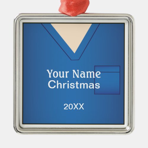 Nurse Doctor Scrubs Christmas Blue Premium 2 Metal Ornament