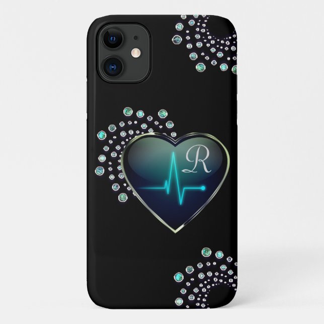 Nurse EKG heart and jewel black silver blue Case-Mate iPhone Case (Back)