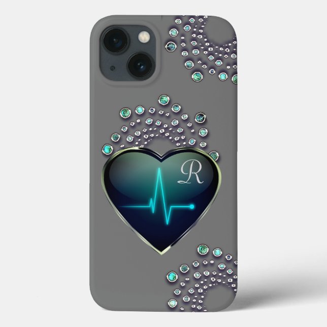Nurse EKG heart and jewel gray black blue Case-Mate iPhone Case (Back)