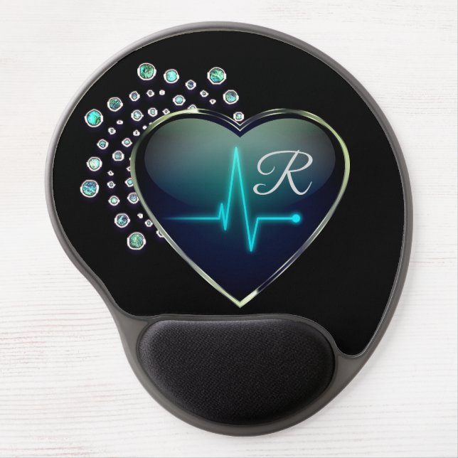 Nurse EKG heart and jewel look black blue silver Gel Mouse Pad (Front)