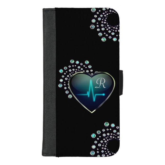 Nurse EKG heart jewel elegant medical black blue  iPhone Wallet Case (Front)