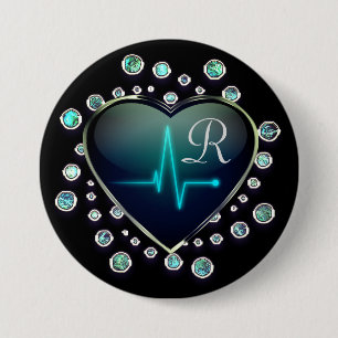 Nurse EKG heart jewel look black blue silver Button