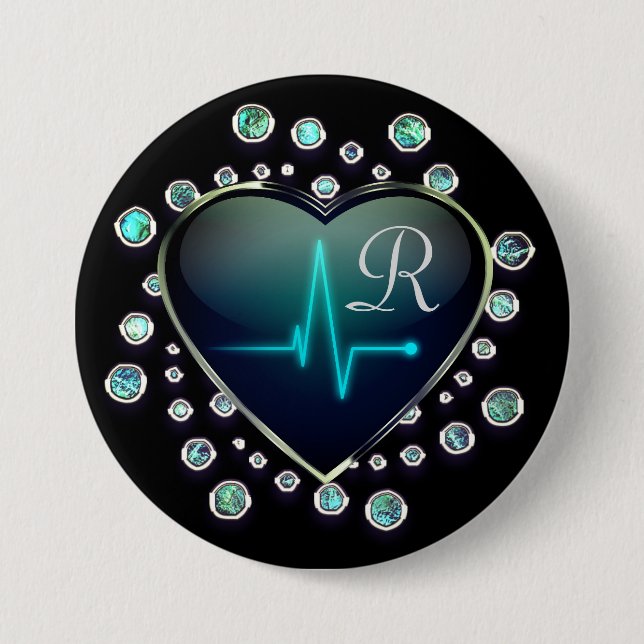 Nurse EKG heart jewel look black blue silver  Button (Front)