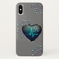 Nurse EKG line heart and jewel gray black silver
