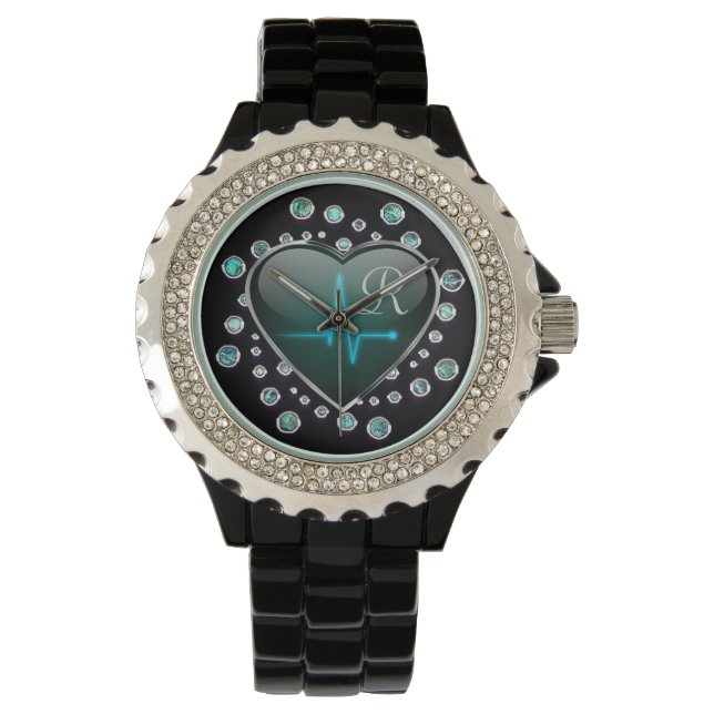 Nurse EKG line heart and jewel medical Watch (Front)