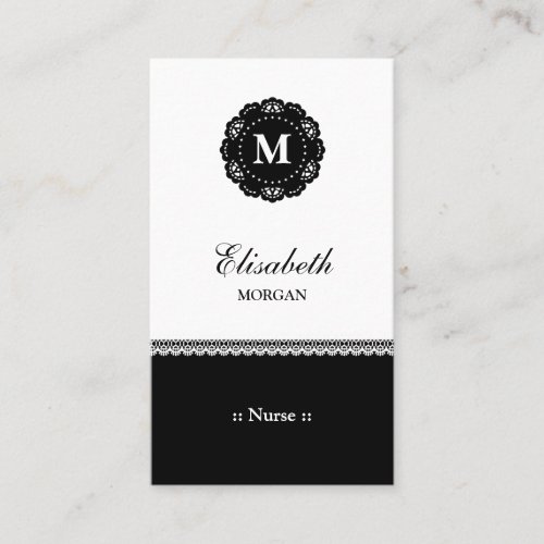 Nurse Elegant Black Lace Monogram Business Cards