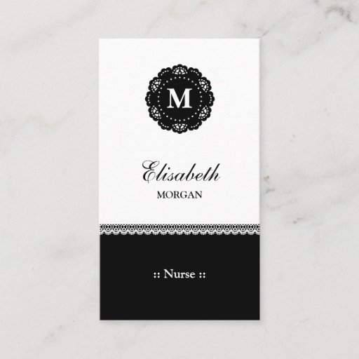 Customizable Nurse Elegant Black Lace Monogram Business Cards