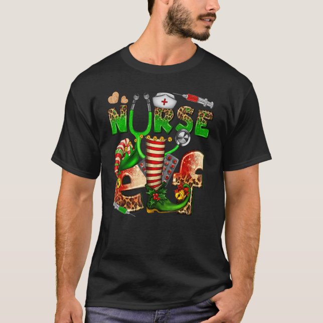 Nurse Elf Leopard Christmas Family Stethoscope Nur T-Shirt (Front)