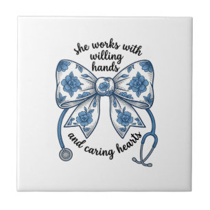 Nurse Floral Bow Stethoscope Vintage Engraving Des Ceramic Tile