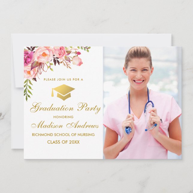 Nurse Floral Pink Gold Grad Party Invite (Front)