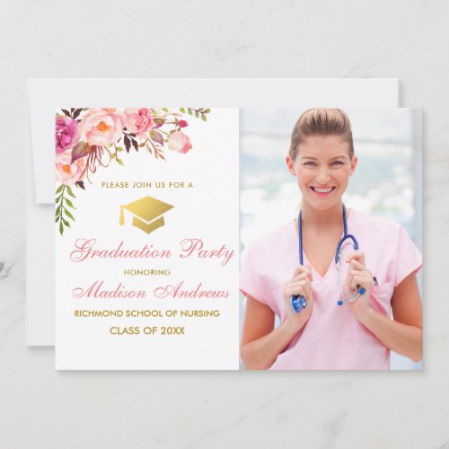 Nurse Floral Pink Grad Party Invite
