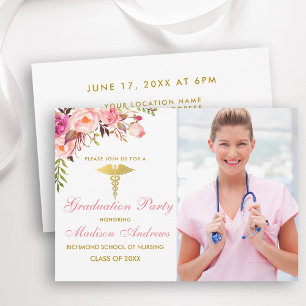Nurse Floral Pink Grad Party Invite Gold