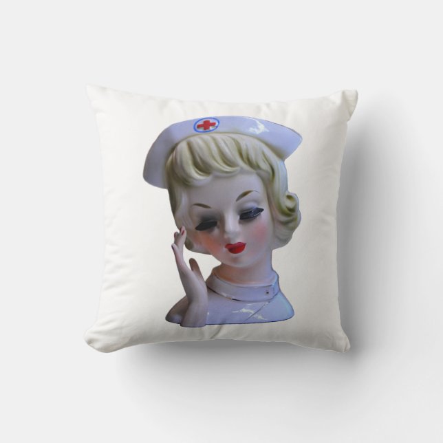 Nurse Front Line Hero Head Vase 1960s Throw Pillow (Front)