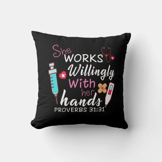 Nurse Gift | She Works Willingly Apparatus Nurse Throw Pillow (Front)