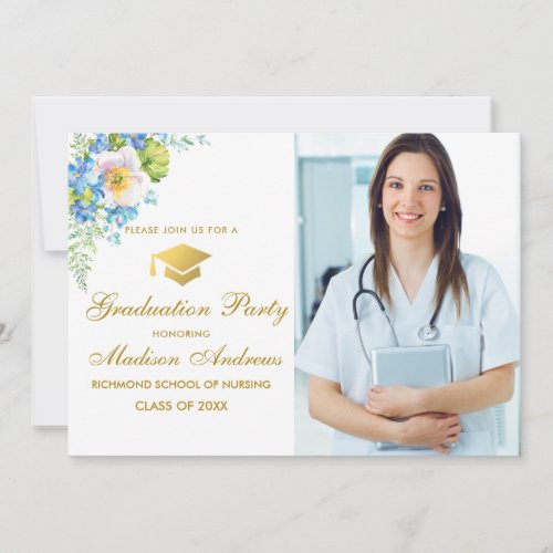 Nurse Gold Blue Floral Grad Party Invite