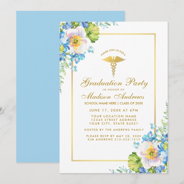Nurse Gold Blue Floral Grad Party Invite B (Front/Back)