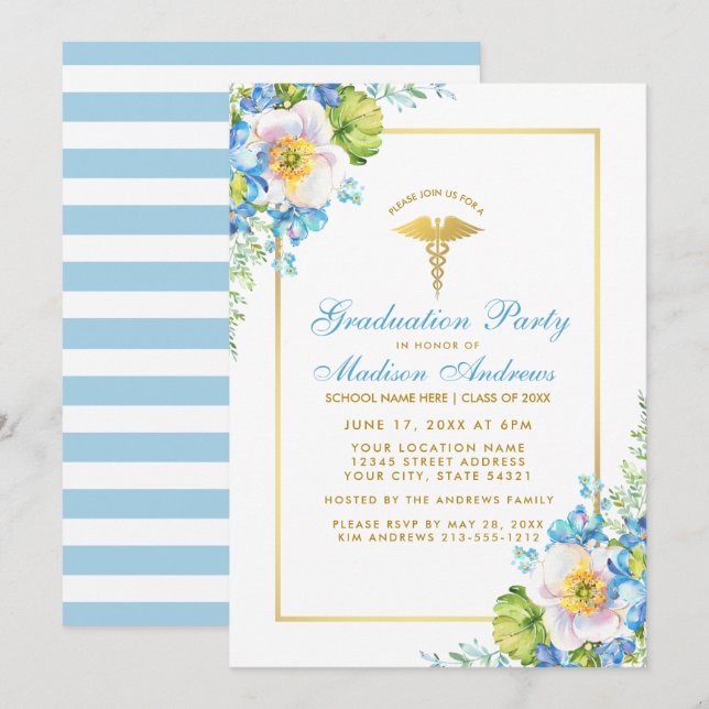Nurse Gold Blue Floral Grad Party Invite S (Front/Back)