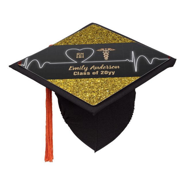 NURSE Grad Cap Topper Personalized Gold Glitter (Angled)