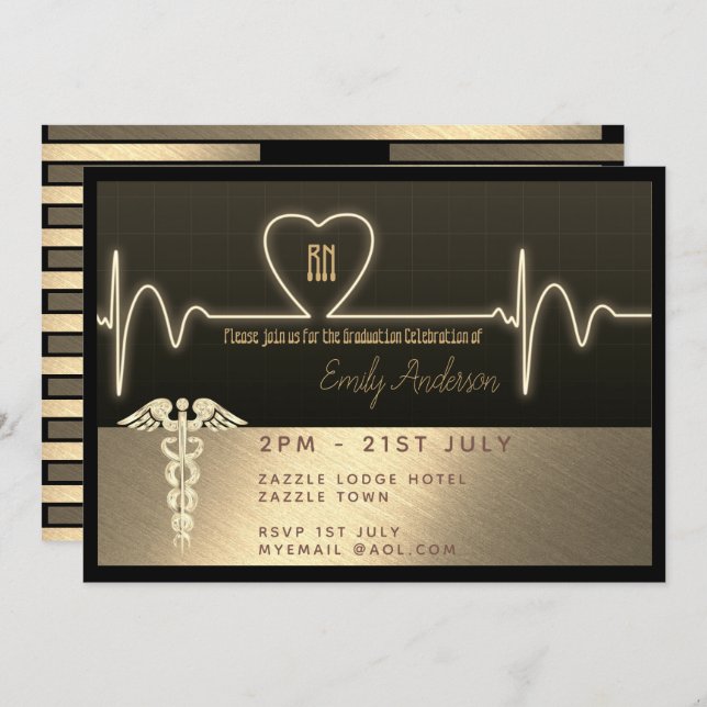 Nurse Graduate Invitation - Black Gold Metallic (Front/Back)