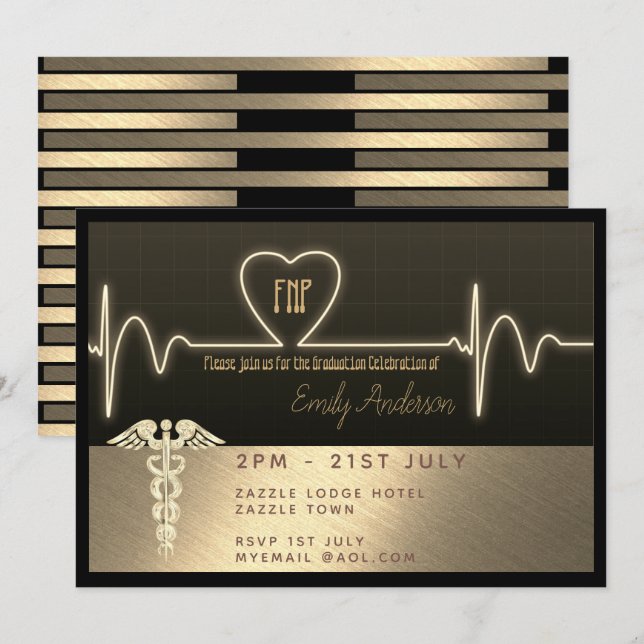 Nurse Graduate Invite FNP RN - Black Gold Metallic (Front/Back)