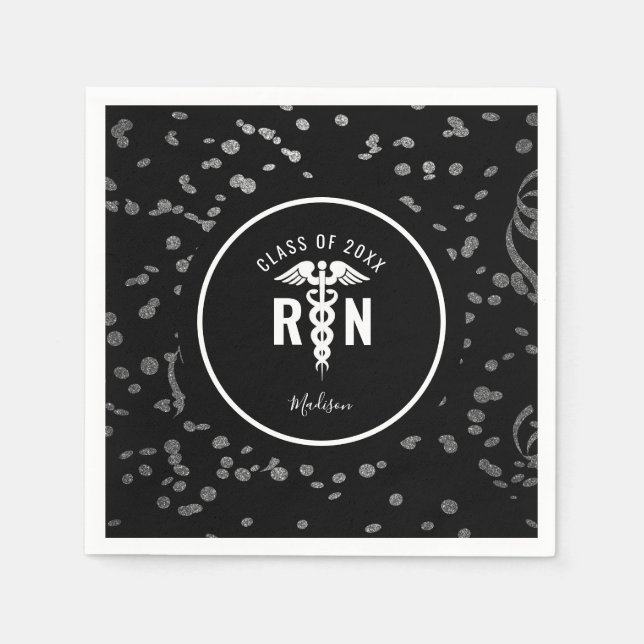 Nurse Graduate Party Black Silver Personalized Napkins (Front)
