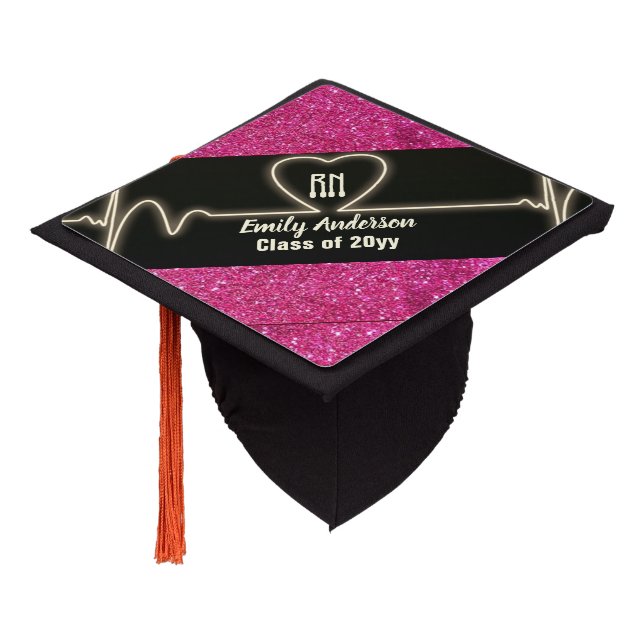 NURSE Graduate Pink Gold Glitter Personalized Fun Graduation Cap Topper (Angled)