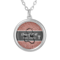 Nurse Graduate Stethoscope Pink Glitter Monogram Silver Plated Necklace