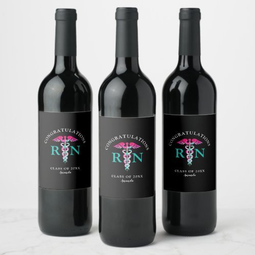 Nurse Graduation Black Pink Teal Personalized Wine Label